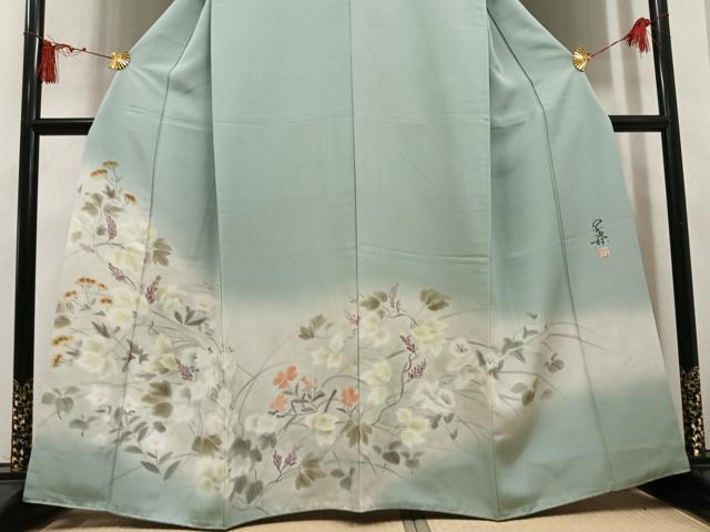 平和屋着物●訪問着　作家物　手描き　草花文　暈し染め　正絹　逸品　AABL7384ph