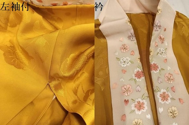 平和屋着物●振袖用長襦袢　無双仕立て　辻が花地紋　山吹茶色　やまと誂製　半衿刺繍　正絹　逸品　AABL7395ph