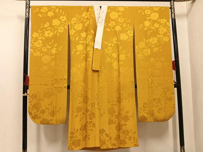 平和屋着物●振袖用長襦袢　無双仕立て　辻が花地紋　山吹茶色　やまと誂製　半衿刺繍　正絹　逸品　AABL7395ph