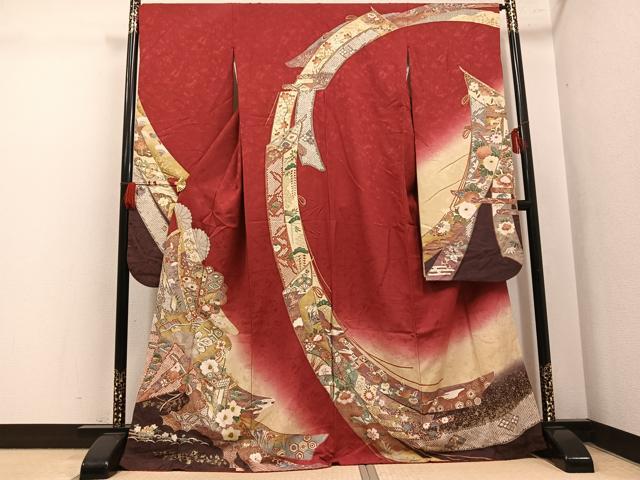 平和屋着物●豪華振袖　刺繍　御所車草花文　暈し染め　金彩　正絹　逸品　AABL7400ph