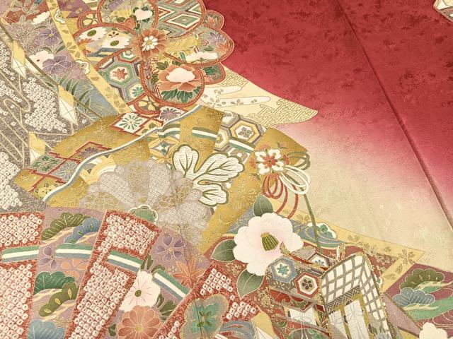 平和屋着物●豪華振袖　刺繍　御所車草花文　暈し染め　金彩　正絹　逸品　AABL7400ph