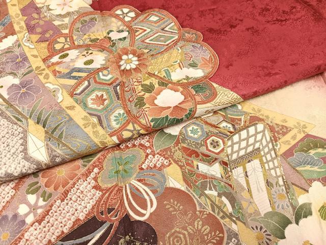 平和屋着物●豪華振袖　刺繍　御所車草花文　暈し染め　金彩　正絹　逸品　AABL7400ph