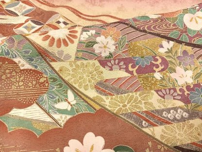 平和屋着物●豪華振袖　刺繍　御所車草花文　暈し染め　金彩　正絹　逸品　AABL7400ph