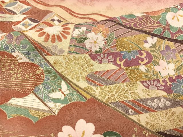 平和屋着物●豪華振袖　刺繍　御所車草花文　暈し染め　金彩　正絹　逸品　AABL7400ph
