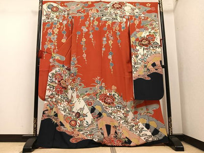 平和屋着物●豪華振袖　紅型　風景草花文　正絹　逸品　AABL7420ph