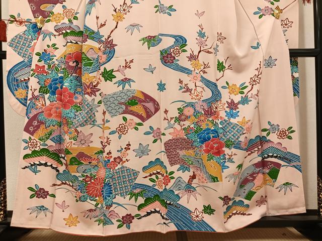 平和屋着物●豪華振袖　紅型　流水草花文　正絹　逸品　AABL7422ph