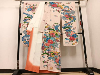 平和屋着物●豪華振袖　紅型　流水草花文　正絹　逸品　AABL7422ph