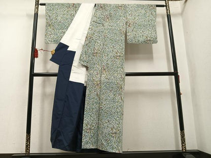 平和屋着物▼上質な小紋　型染め　花尽くし　鬼しぼ縮緬　正絹　逸品　AABL7442ph