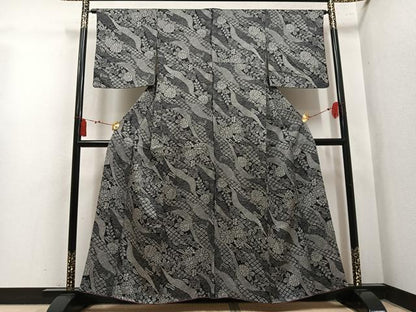 平和屋着物●上質な小紋　草花文　濃紺地　正絹　逸品　AABL7443ph