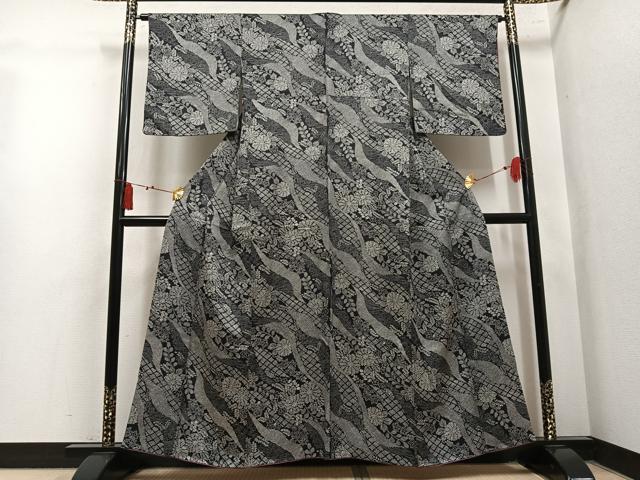 平和屋着物●上質な小紋　草花文　濃紺地　正絹　逸品　AABL7443ph