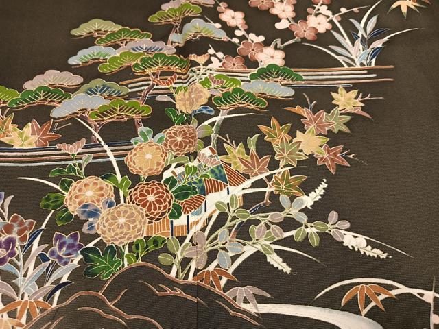 平和屋着物●訪問着　駒刺繍　松竹梅風景文　暈し染め　金彩　正絹　逸品　AABL7457ph