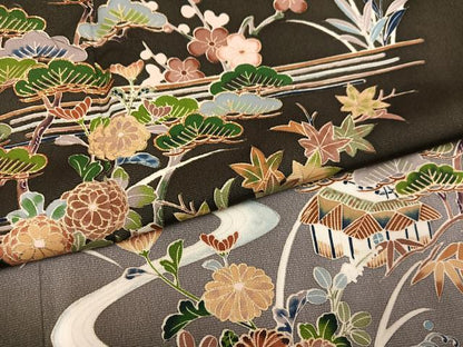 平和屋着物●訪問着　駒刺繍　松竹梅風景文　暈し染め　金彩　正絹　逸品　AABL7457ph