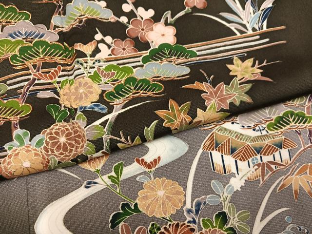 平和屋着物●訪問着　駒刺繍　松竹梅風景文　暈し染め　金彩　正絹　逸品　AABL7457ph