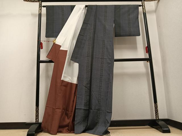 平和屋着物●結城紬　100亀甲　間道　正絹　逸品　AABL7465ph