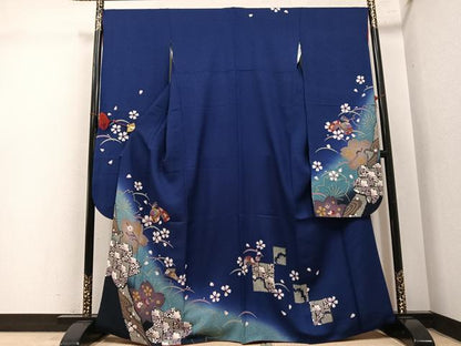平和屋着物●豪華振袖　駒刺繍　桜　鈴　櫛　簪　暈し染め　金彩　正絹　逸品　AABL7471ph