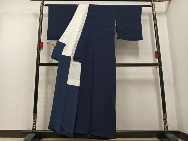 平和屋着物●上質な色無地　流水地紋　藍鉄色　正絹　逸品　AABL7473ph