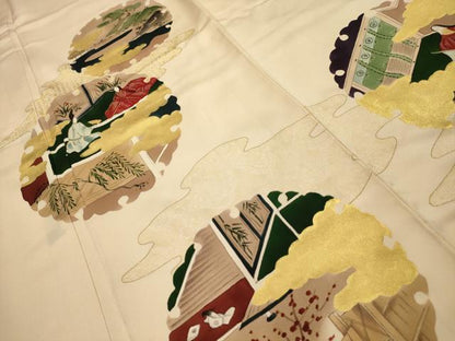 平和屋着物■訪問着　手描き　刺繍　雪輪人物風景文　金糸　金彩　正絹　逸品　AABL7498sx