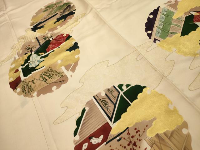 平和屋着物■訪問着　手描き　刺繍　雪輪人物風景文　金糸　金彩　正絹　逸品　AABL7498sx