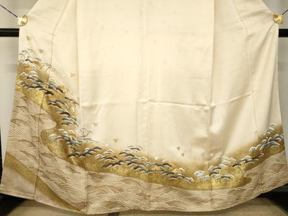 平和屋着物●豪華色留袖　駒刺繍　千鳥　流水松文　暈し染め　金彩　正絹　逸品　AABL7529ck