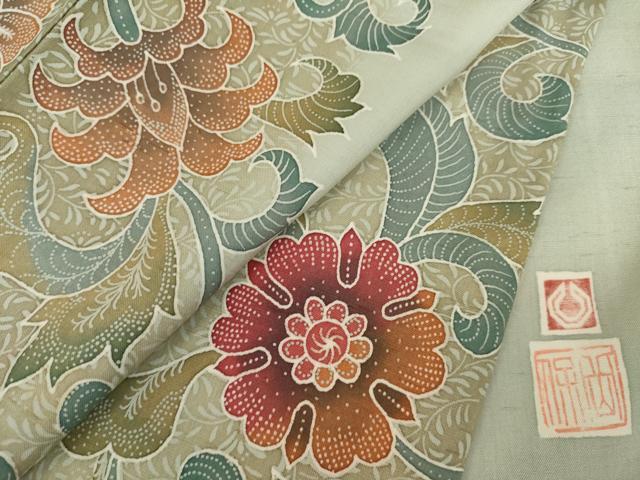 平和屋着物●石川県指定無形文化財　牛首紬　白山工房　手織り　訪問着　作家物　更紗花間道　正絹　逸品　AABL7531ck