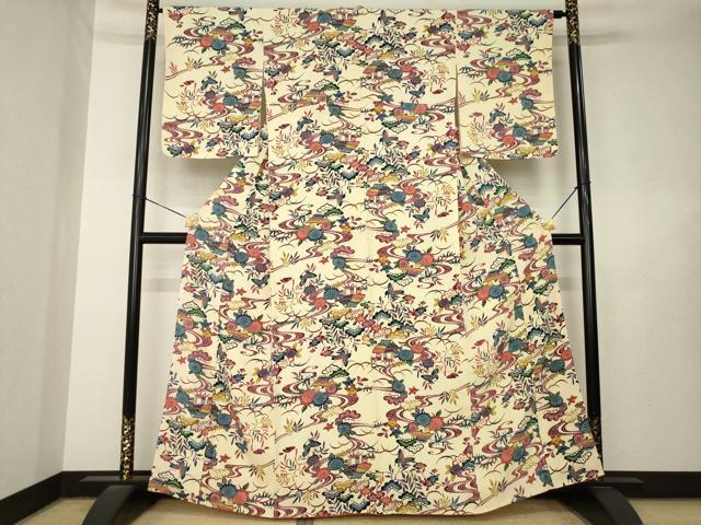 平和屋着物●上質な小紋　紅型　流水風景花文　正絹　逸品　AABL7535ck