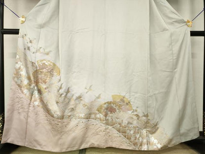 平和屋着物●訪問着　地紙飛鶴花文　暈し染め　金銀彩　正絹　逸品　AABL7567ck