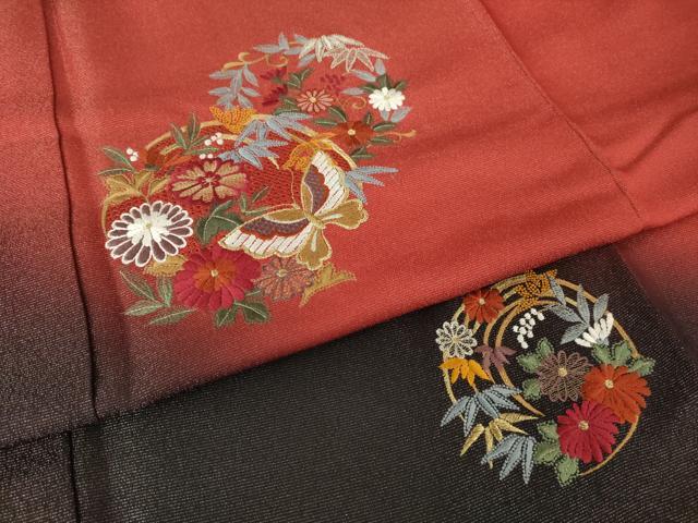 平和屋着物●中国三大刺繍　汕頭刺繍　スワトウ刺繍　総刺繍　振袖　花蝶丸文　暈し染め　銀通し地　正絹　逸品　AABL7570ck