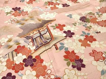 平和屋着物●豪華振袖　駒刺繍　風景花文　金銀彩　正絹　逸品　AABL7577ck
