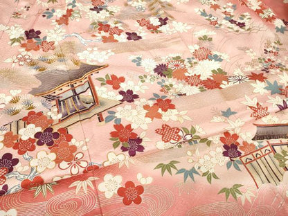 平和屋着物●豪華振袖　駒刺繍　風景花文　金銀彩　正絹　逸品　AABL7577ck