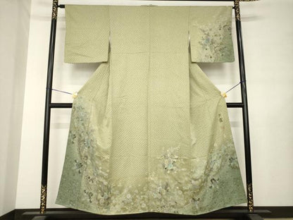 平和屋着物●訪問着　作家物　夕霧　お召地　手描き　草花文　正絹　逸品　AABL7579ck
