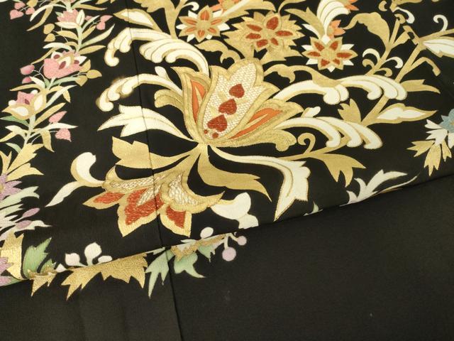 平和屋着物●豪華黒留袖　刺繍　更紗花文　金糸　金彩　正絹　逸品　AABL7587ck
