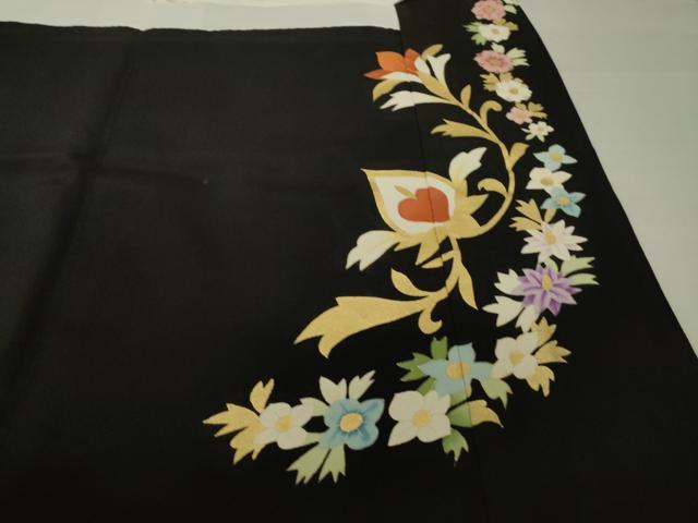 平和屋着物●豪華黒留袖　刺繍　更紗花文　金糸　金彩　正絹　逸品　AABL7587ck