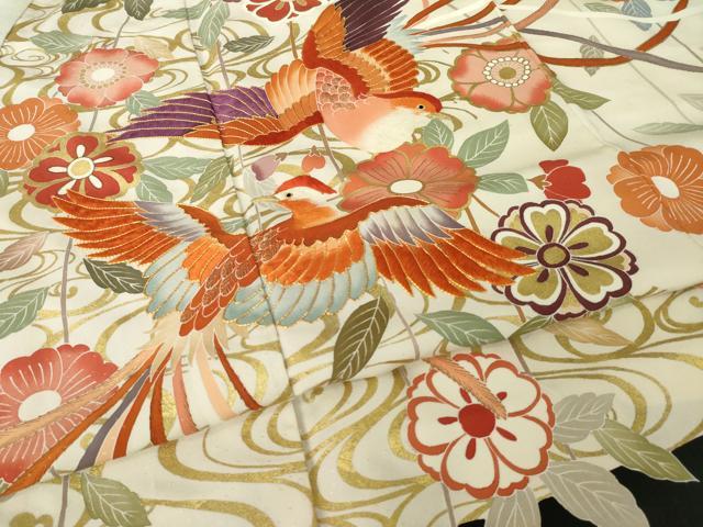 平和屋着物●創業460年・千總　振袖　駒刺繍　鳳凰花文　黒地　金彩　大丸扱い　正絹　逸品　AABL7602ck