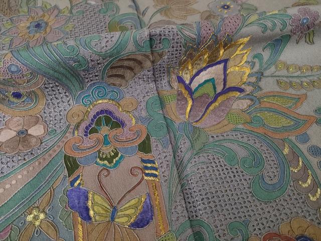 平和屋着物●中国三大刺繍　スワトウ刺繍　汕頭刺繍　総刺繍　訪問着　更紗花文　暈し染め　金糸　正絹　逸品　AABL7640ck