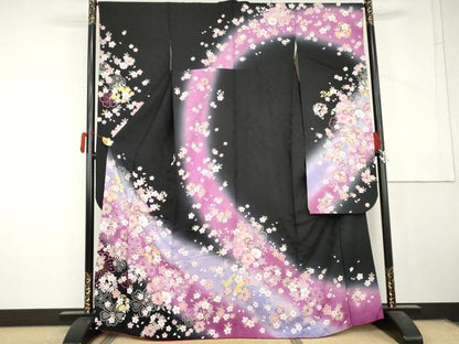 平和屋着物●豪華振袖　雪輪花文　暈し染め　黒地　金彩　正絹　逸品　AABL7642cs