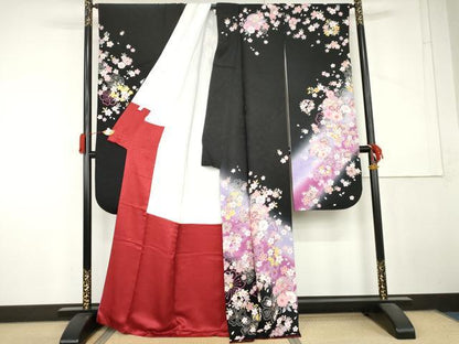 平和屋着物●豪華振袖　雪輪花文　暈し染め　黒地　金彩　正絹　逸品　AABL7642cs