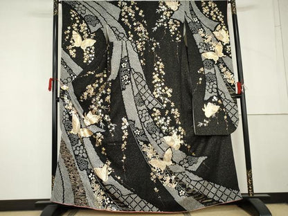 平和屋着物●豪華振袖　絞り　花蝶文　黒地　金銀彩　やまと誂製　正絹　逸品　AABL7645cs