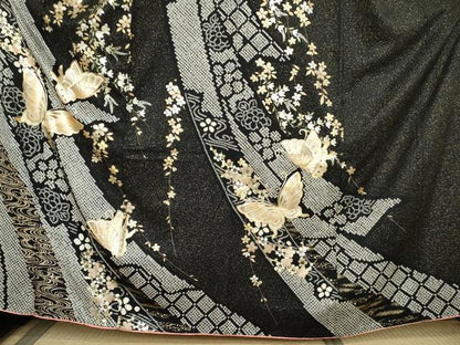 平和屋着物●豪華振袖　絞り　花蝶文　黒地　金銀彩　やまと誂製　正絹　逸品　AABL7645cs