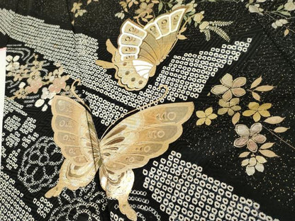 平和屋着物●豪華振袖　絞り　花蝶文　黒地　金銀彩　やまと誂製　正絹　逸品　AABL7645cs