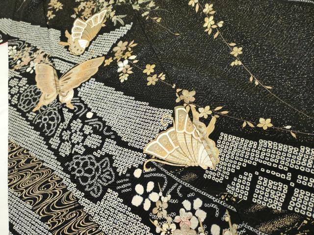 平和屋着物●豪華振袖　絞り　花蝶文　黒地　金銀彩　やまと誂製　正絹　逸品　AABL7645cs