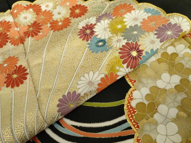 平和屋着物▼豪華黒留袖　駒刺繍　花扇文　金彩　正絹　逸品　AABL7660cs