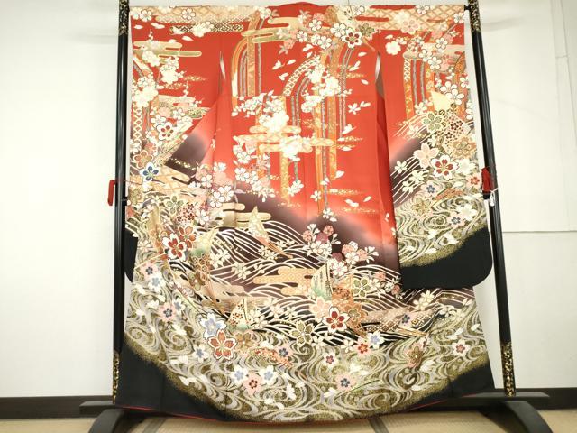 平和屋着物●豪華振袖　駒刺繍　流水吉祥花文　暈し染め　金彩　正絹　逸品　AABL7662cs