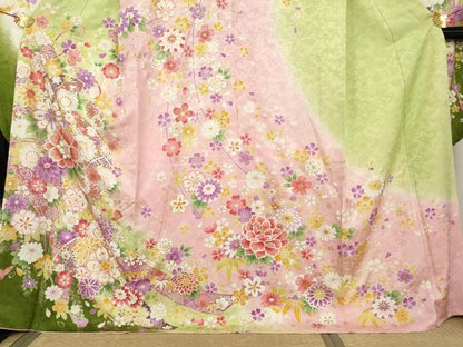 平和屋着物●豪華振袖　型染京友禅　刺繍　蔓帯花文　暈し染め　金彩　金銀糸　反端付き　ロング丈　正絹　逸品　AABL7667cs