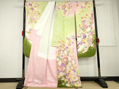 平和屋着物●豪華振袖　型染京友禅　刺繍　蔓帯花文　暈し染め　金彩　金銀糸　反端付き　ロング丈　正絹　逸品　AABL7667cs