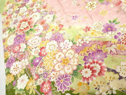 平和屋着物●豪華振袖　型染京友禅　刺繍　蔓帯花文　暈し染め　金彩　金銀糸　反端付き　ロング丈　正絹　逸品　AABL7667cs