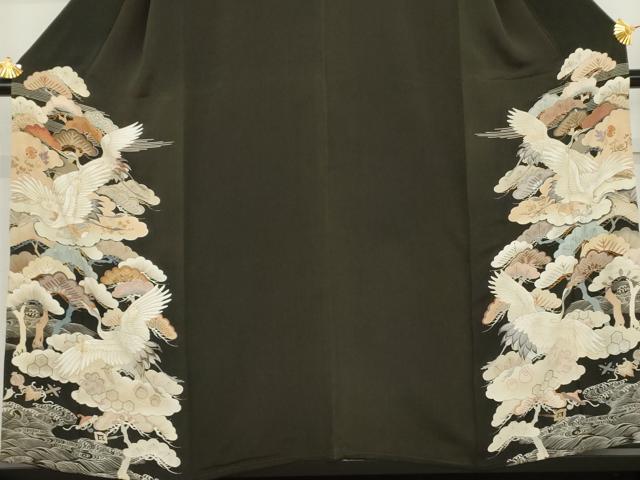 平和屋着物●アンティーク　大正ロマン　黒留袖　駒刺繍　両褄　飛鶴松文　正絹　逸品　AABL7669cs