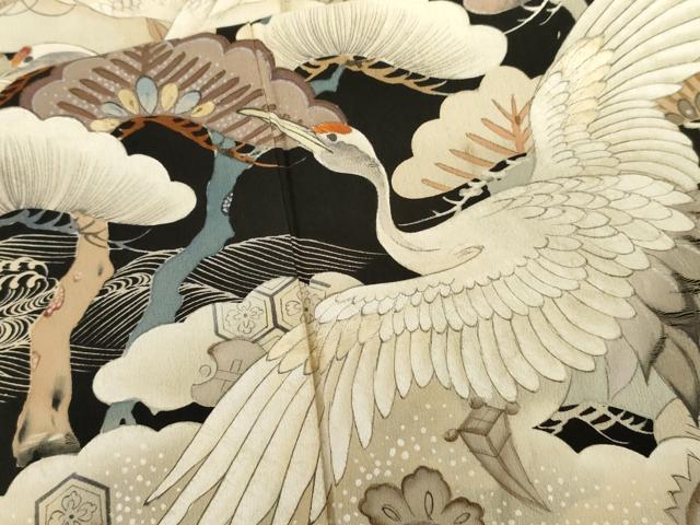平和屋着物●アンティーク　大正ロマン　黒留袖　駒刺繍　両褄　飛鶴松文　正絹　逸品　AABL7669cs
