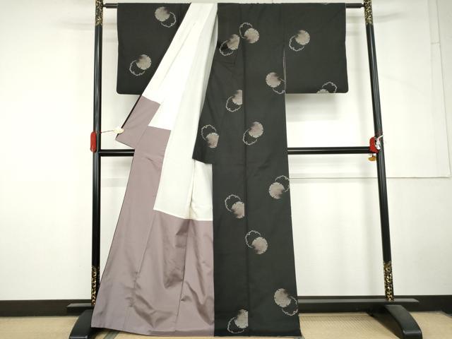 平和屋着物●本場大島紬　9マルキ　地空き　雪輪重ね文　黒地　正絹　逸品　AABL7671cs