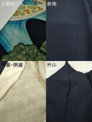 平和屋着物●アンティーク　大正ロマン　色留袖　刺繍　花船松文　鬼しぼ縮緬　正絹　逸品　AABL7672cs