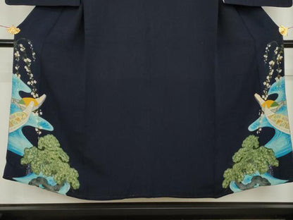 平和屋着物●アンティーク　大正ロマン　色留袖　刺繍　花船松文　鬼しぼ縮緬　正絹　逸品　AABL7672cs
